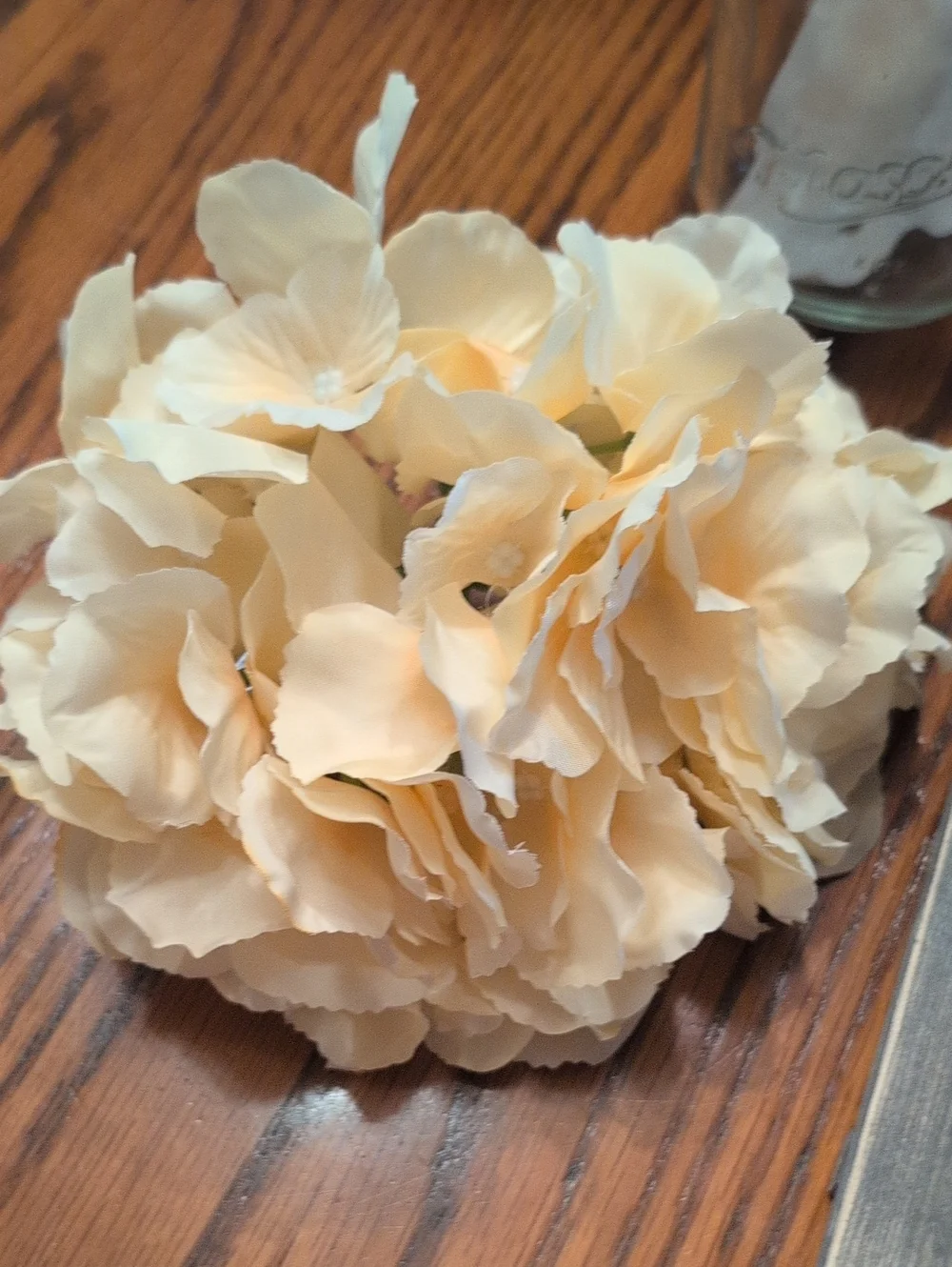 Farmhouse Hydrangea Wall Sconce with Cream Faux Blooms and Mason Jar Light